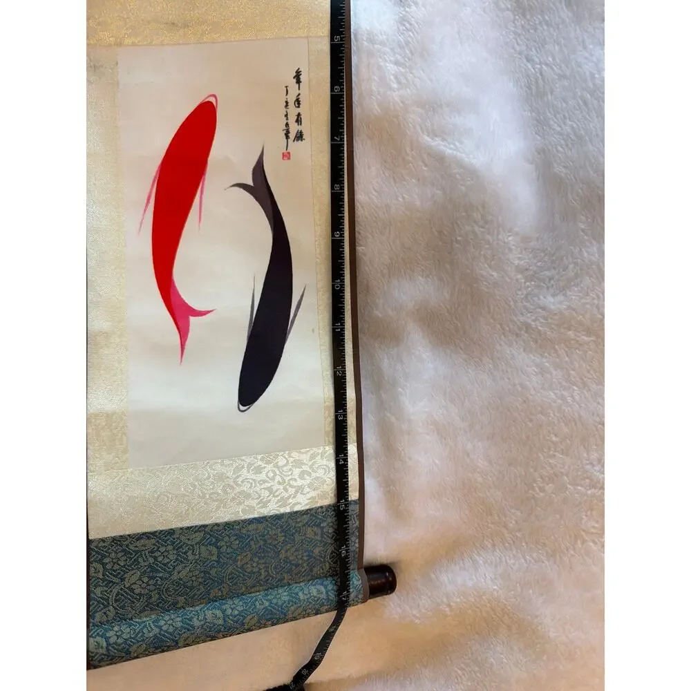 Vintage Japanese Koi Fish Hanging Scroll Silk Wall Art Kakemono Signed 16